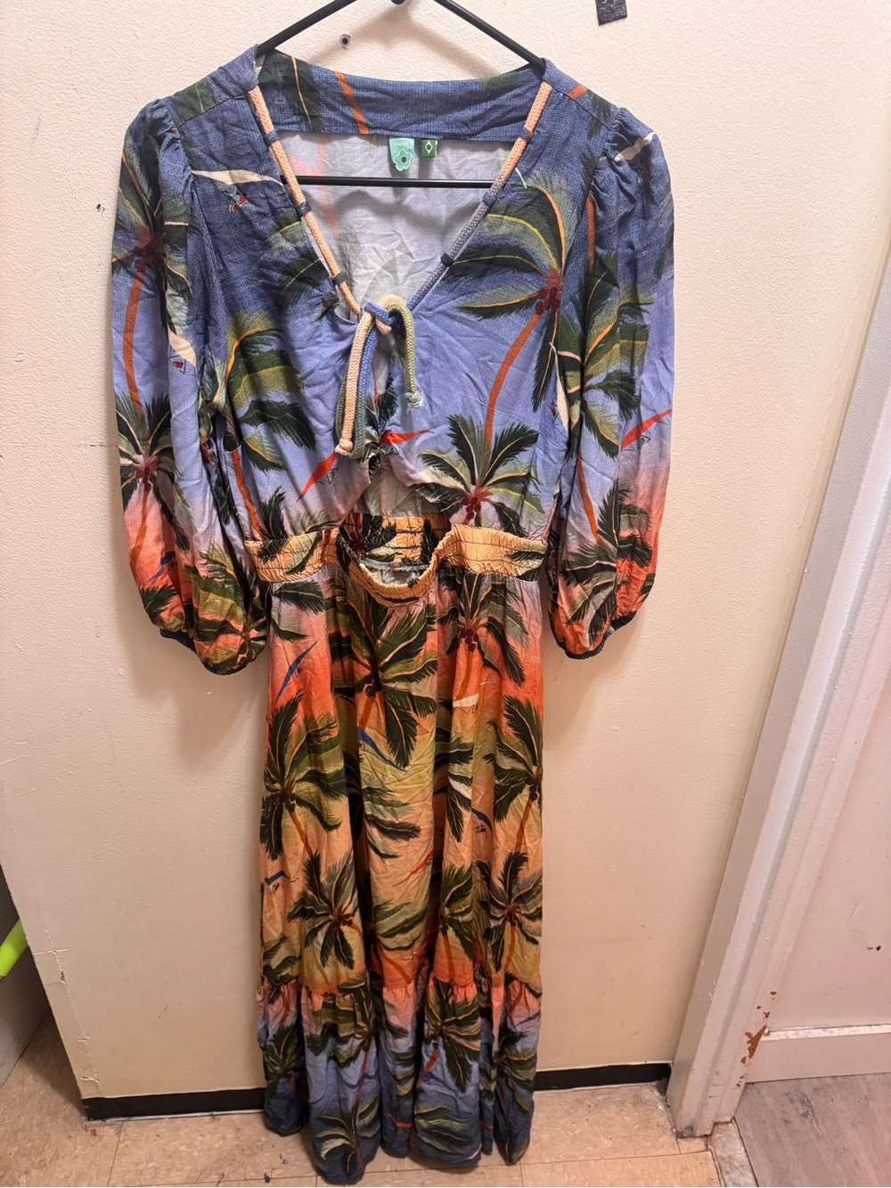 FARM Rio Maxi Dress in Blue, Orange and Green Tropical Print size medium